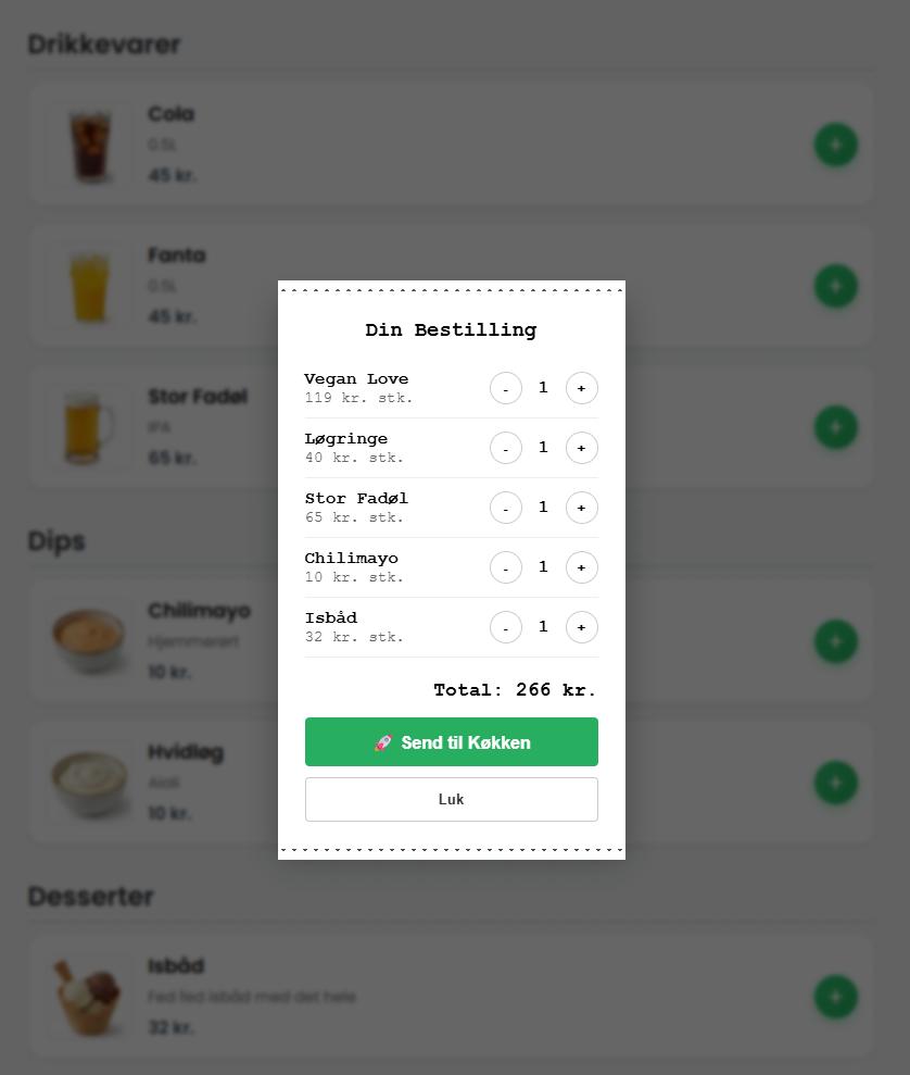 Bestilling sendes til køkken