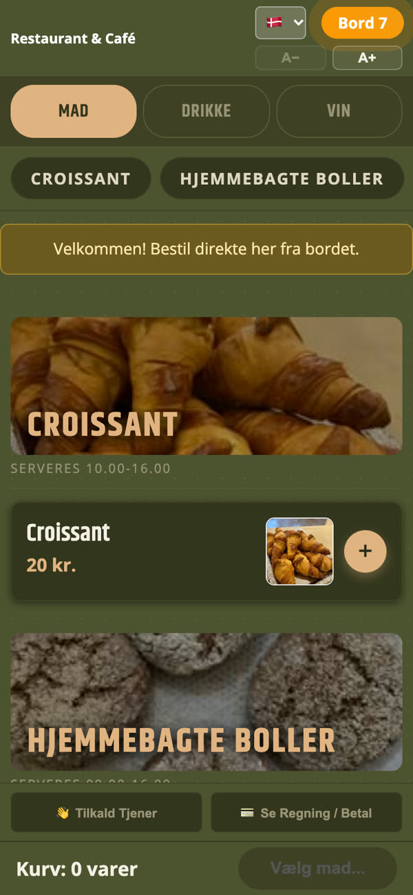 Menukort til en café med billeder til hver kategori