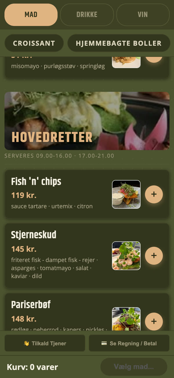 Digitalt menukort på en telefon med billeder af hovedretterne